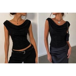 Vintage Y2K Black Metallic Draped Neck Shimmer Top M Mob Wife Whimsigoth 0376